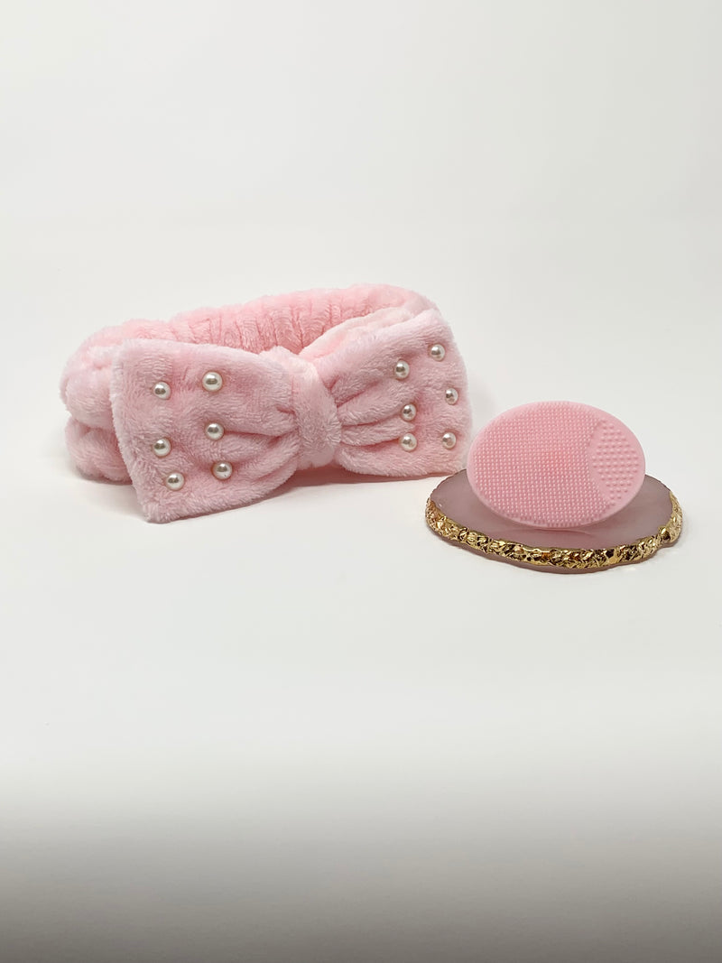 Pearl Bow Tie Spa & Makeup Headband w/Facial Scrubber