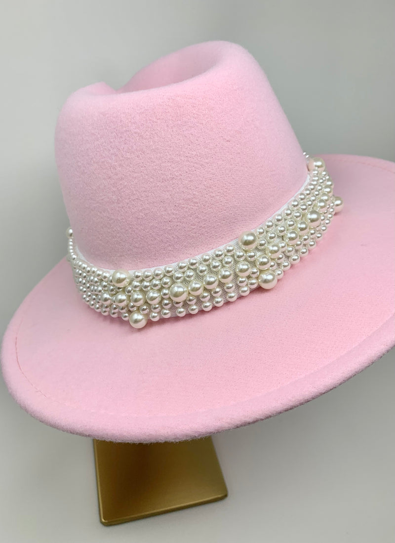 Pearl Band Fedora Hat - Pretty Pink