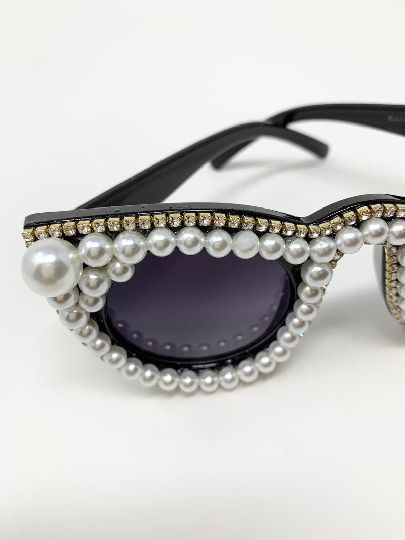 Cat Eye Pearl and Rhinestone Framed Sunglasses (Gold Trimmed)