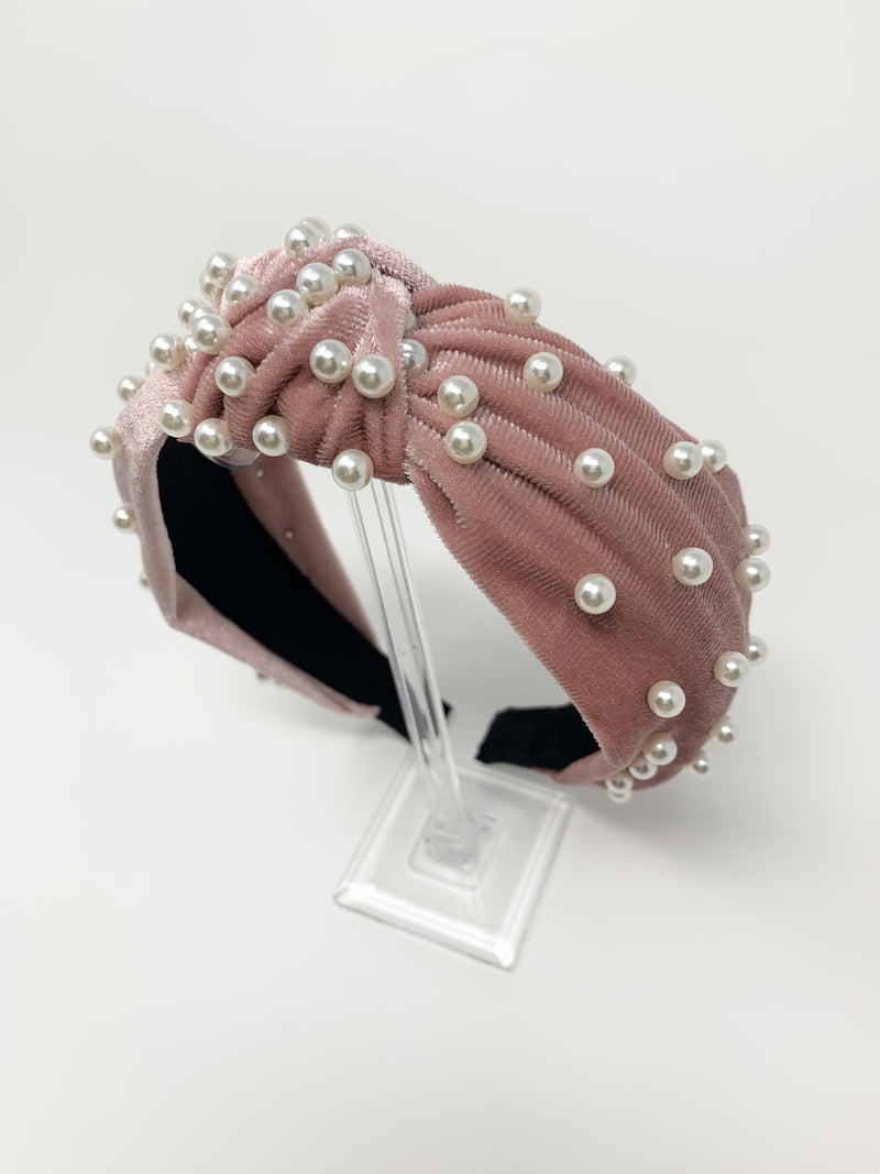 Velvet Pearl Knotted Headband - Pink