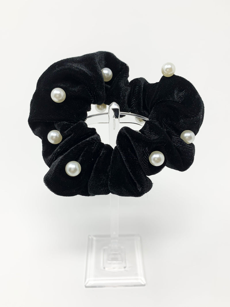 Velvet Pearl Hair Scrunchie - Black