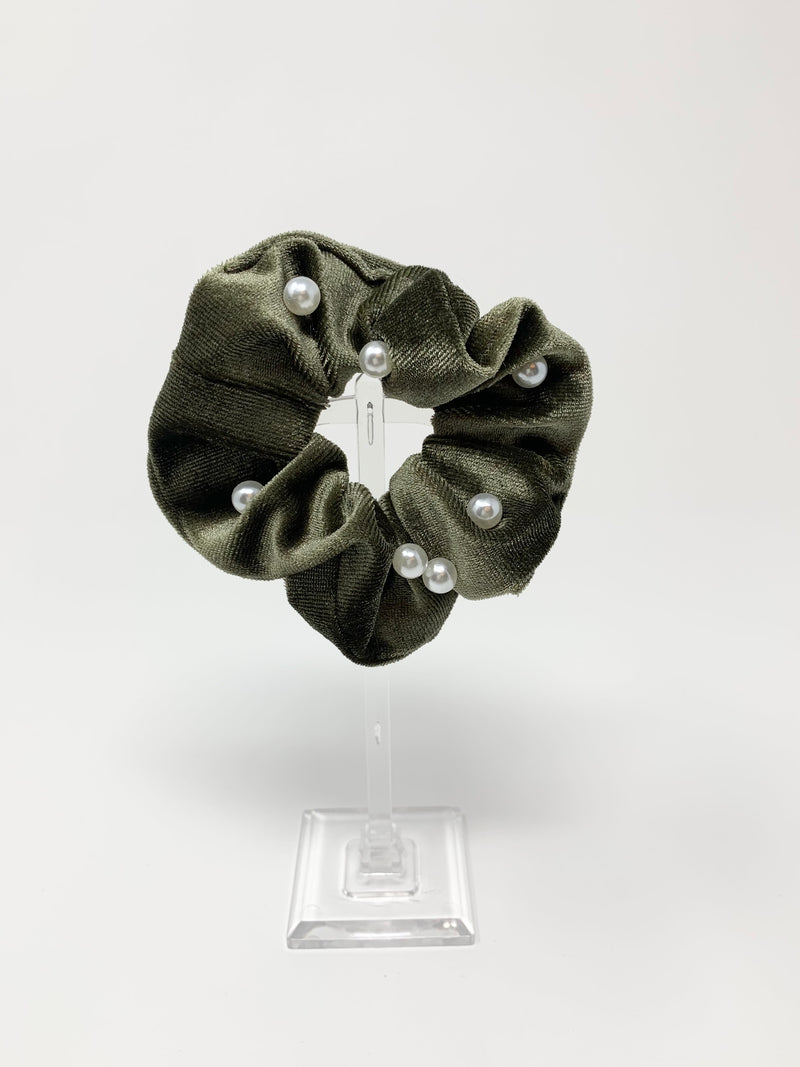 Velvet Pearl Hair Scrunchie - Green