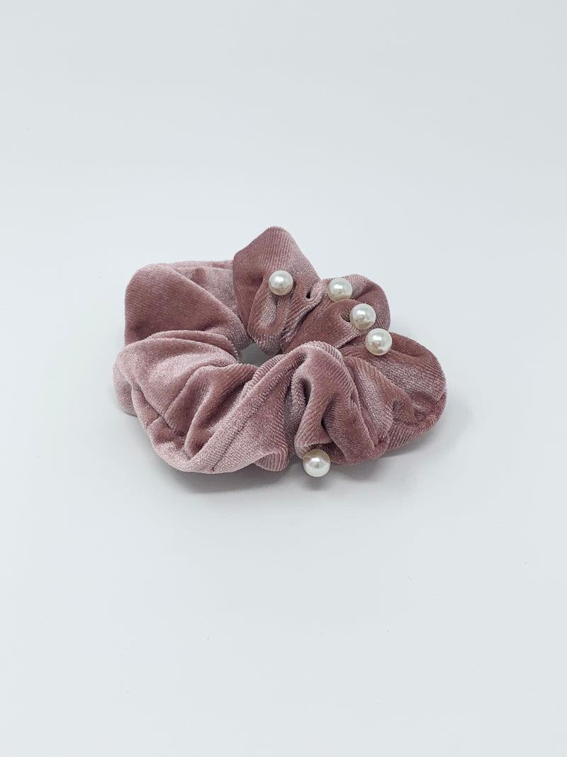 Velvet Pearl Hair Scrunchie - Blush