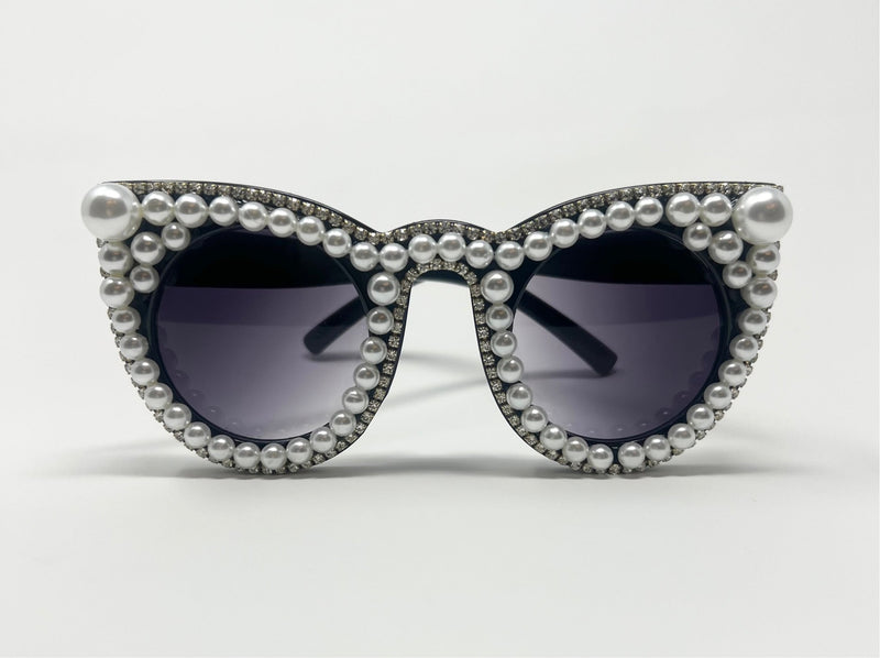 Cat Eye Pearl and Rhinestone Framed Sunglasses (Gold Trimmed)